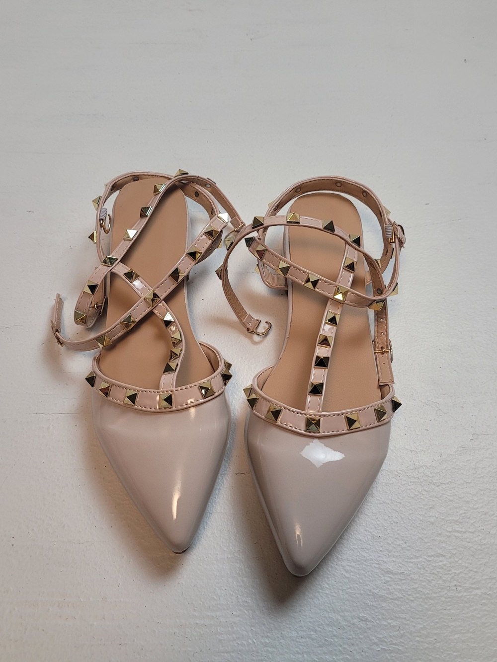 Studded Pointed-Toe Ankle-Strap Flats in Blush